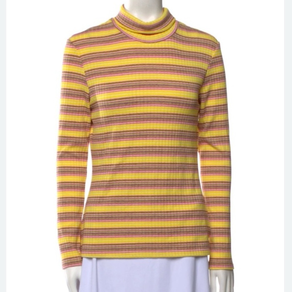STAUD Yellow Pink Striped Ribbed Hourglass Turtleneck Top Medium